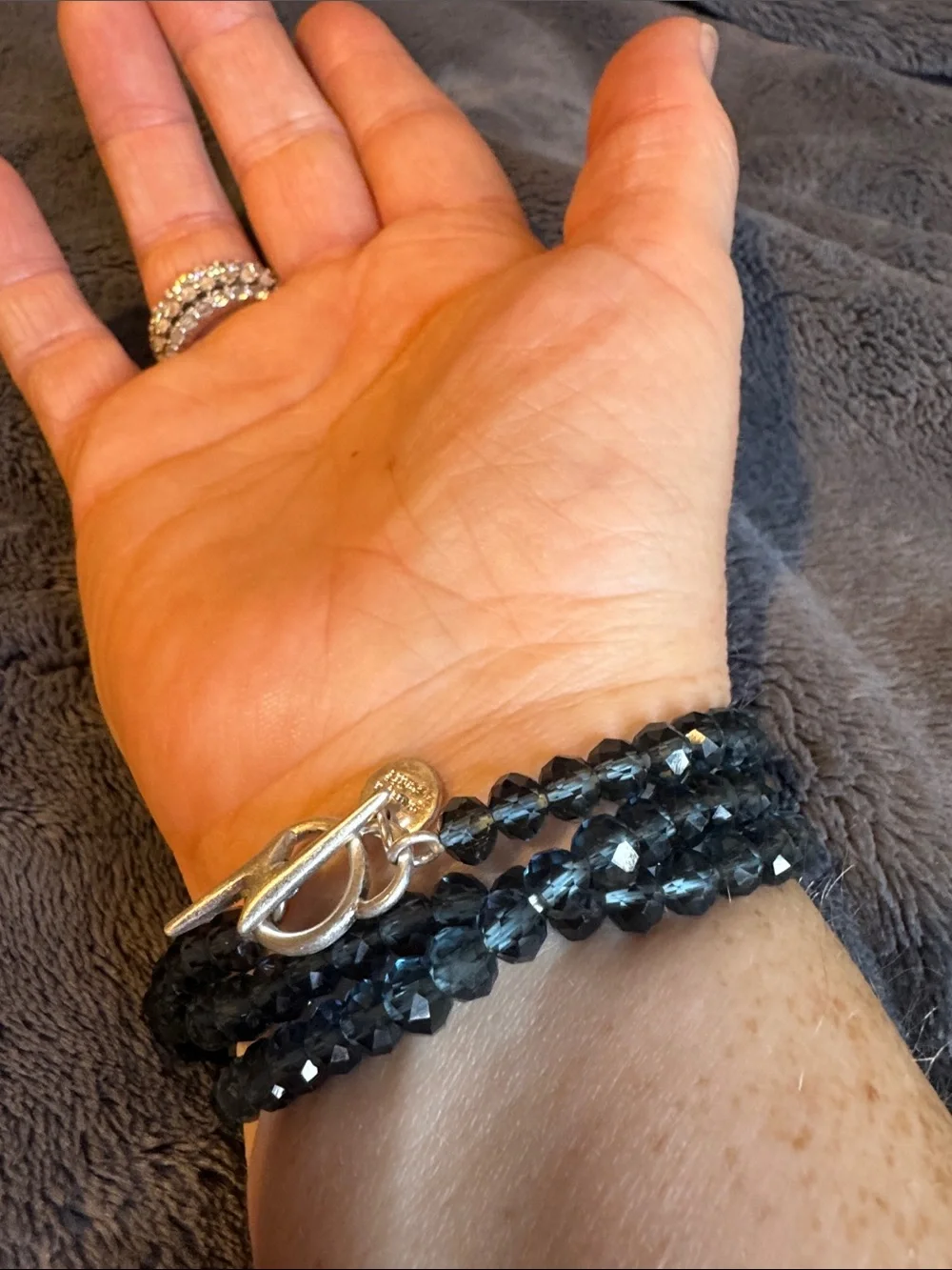 Navy Beaded Stretch Bracelet with Silver Three Star Accent